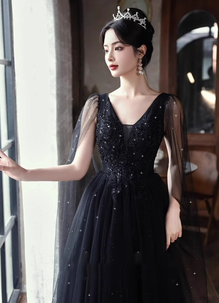 Elegant Black A-Line V-Neck Shawl Lace Tulle Long Prom Dress Evening Dress