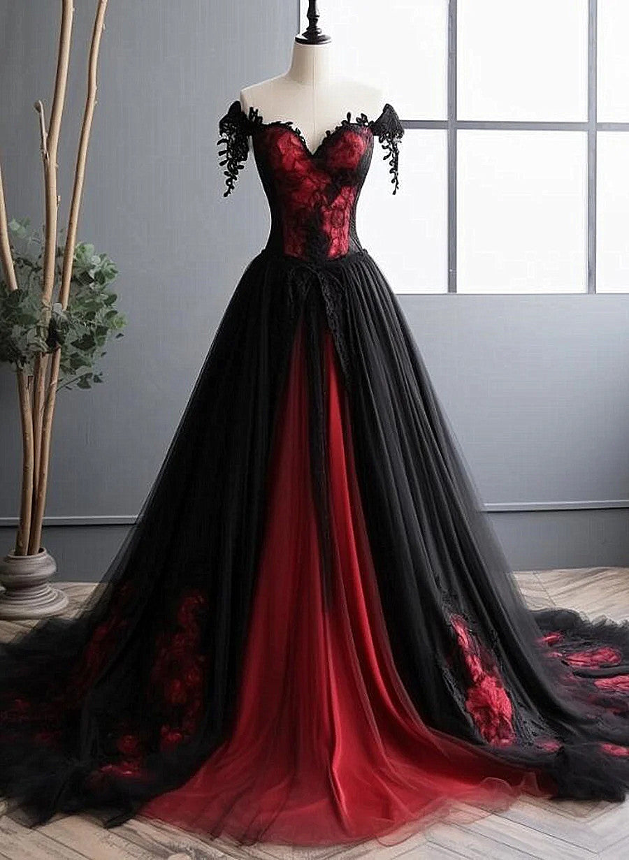 Elegant Black And Red Tulle With Lace Off Shoulder Gown, Black And Red Prom Dress