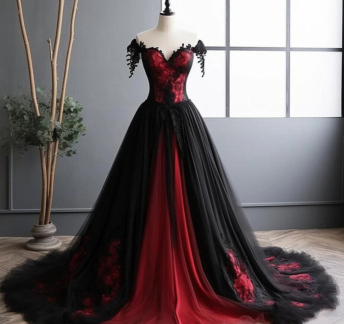 Elegant Black And Red Tulle With Lace Off Shoulder Gown, Black And Red Prom Dress