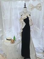 Elegant Black And White Color-Blocked Mermaid Strapless Velvet Satin Long Prom Dress Evening Dress