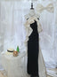 Elegant Black And White Color-Blocked Mermaid Strapless Velvet Satin Long Prom Dress Evening Dress