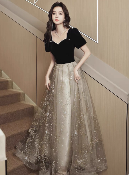 Elegant Black & Gold Panel Short Sleeve Velvet Tulle A-Line Long Prom Dress Evening Dress