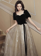 Elegant Black & Gold Panel Short Sleeve Velvet Tulle A-Line Long Prom Dress Evening Dress