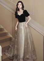 Elegant Black & Gold Panel Short Sleeve Velvet Tulle A-Line Long Prom Dress Evening Dress