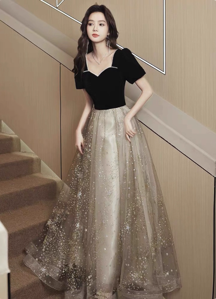 Elegant Black & Gold Panel Short Sleeve Velvet Tulle A-Line Long Prom Dress Evening Dress