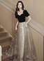 Elegant Black & Gold Panel Short Sleeve Velvet Tulle A-Line Long Prom Dress Evening Dress