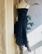 Elegant Black Irregular Pleated Halter Satin Prom Dress Evening Dress
