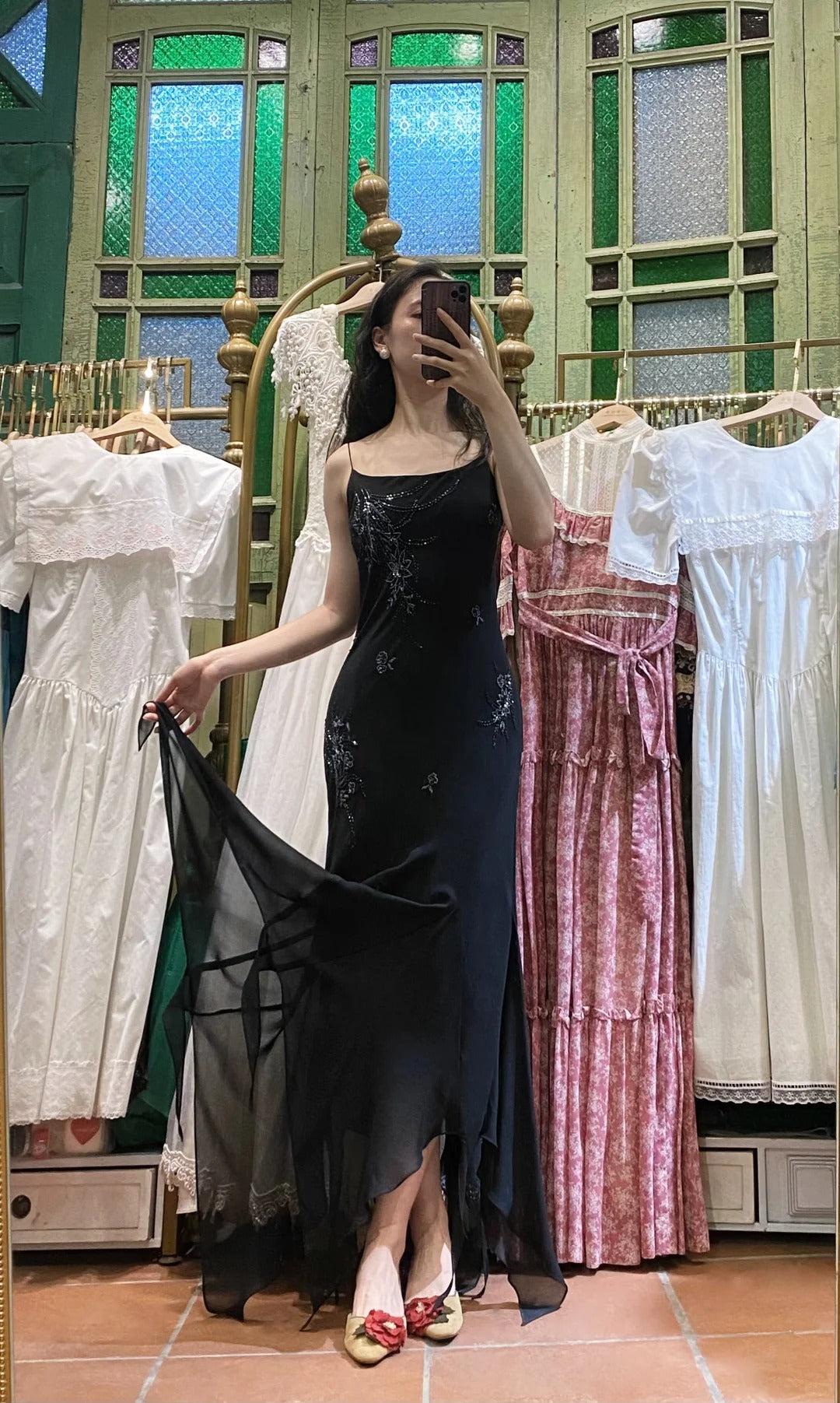 Elegant Black Irregular Strap Beaded Chiffon Long Prom Dress Evening Dress Secondary image