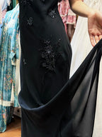 Elegant Black Irregular Strap Beaded Chiffon Long Prom Dress Evening Dress