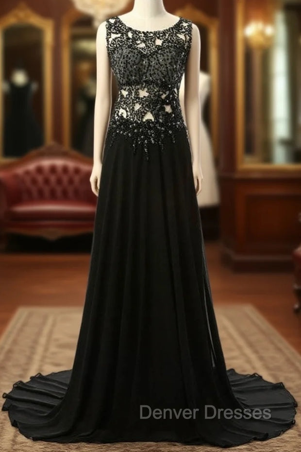 Elegant Black Long Evening Dress Beading Chiffon Sleeveless Main image