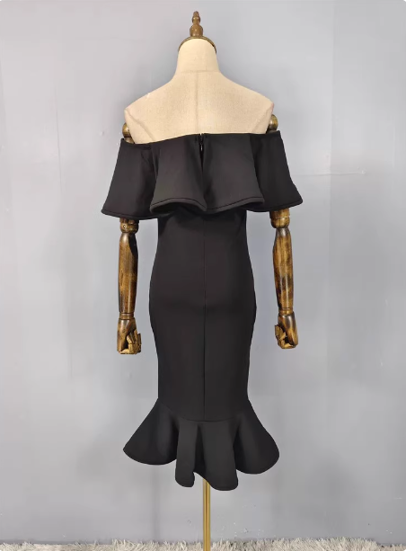 Elegant Black Mermaid Off-The-Shoulder Ruffled Satin Prom Dress Evening Dress