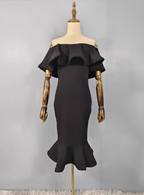 Elegant Black Mermaid Off-The-Shoulder Ruffled Satin Prom Dress Evening Dress