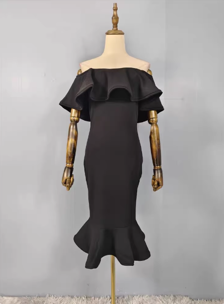 Elegant Black Mermaid Off-The-Shoulder Ruffled Satin Prom Dress Evening Dress