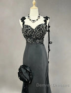 Elegant Black Mermaid Satin Beaded Sequin Long Prom Dress, Sweetheart Neck Evening Dress