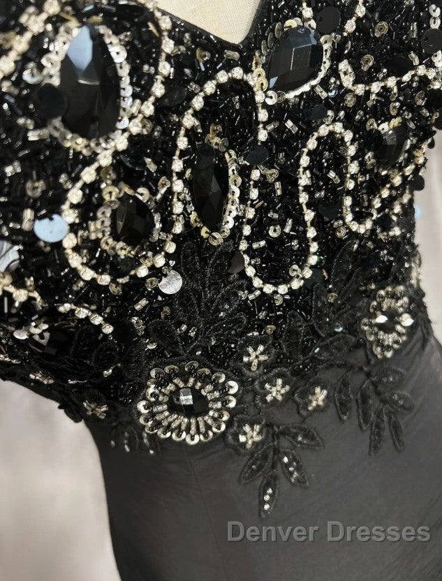 Elegant Black Mermaid Satin Beaded Sequin Long Prom Dress, Sweetheart Neck Evening Dress