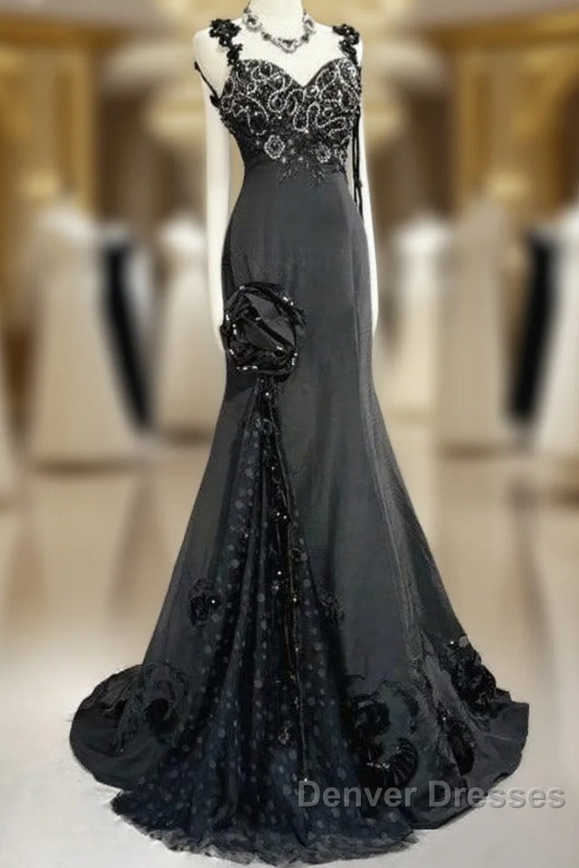 Elegant Black Mermaid Satin Beaded Sequin Long Prom Dress, Sweetheart Neck Evening Dress Main image
