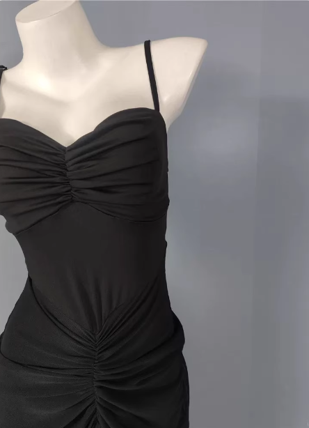 Elegant Black Mermaid Spaghetti Strap Ruched Chiffon Long Prom Dress Evening Dress Secondary image