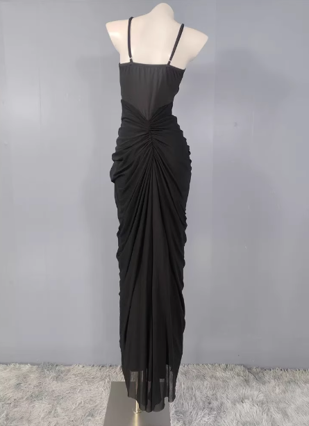 Elegant Black Mermaid Spaghetti Strap Ruched Chiffon Long Prom Dress Evening Dress