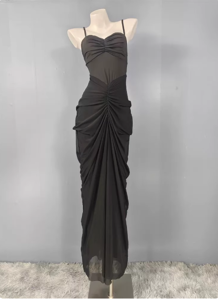 Elegant Black Mermaid Spaghetti Strap Ruched Chiffon Long Prom Dress Evening Dress Main image