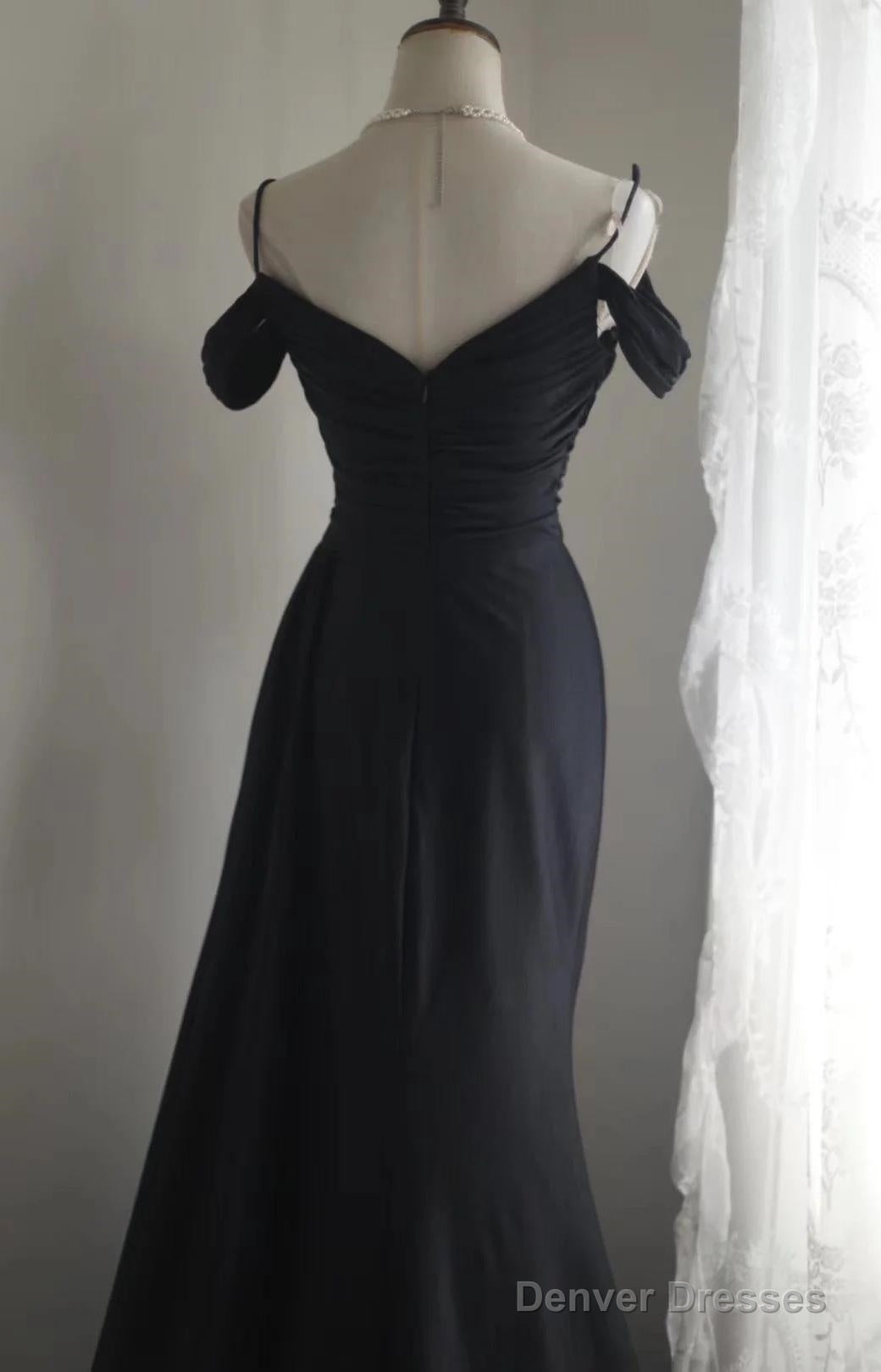 Elegant Black Mermaid Spaghetti Strap Satin Diamond Long Prom Dress Simple Evening Dress