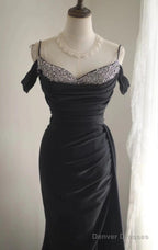 Elegant Black Mermaid Spaghetti Strap Satin Diamond Long Prom Dress Simple Evening Dress