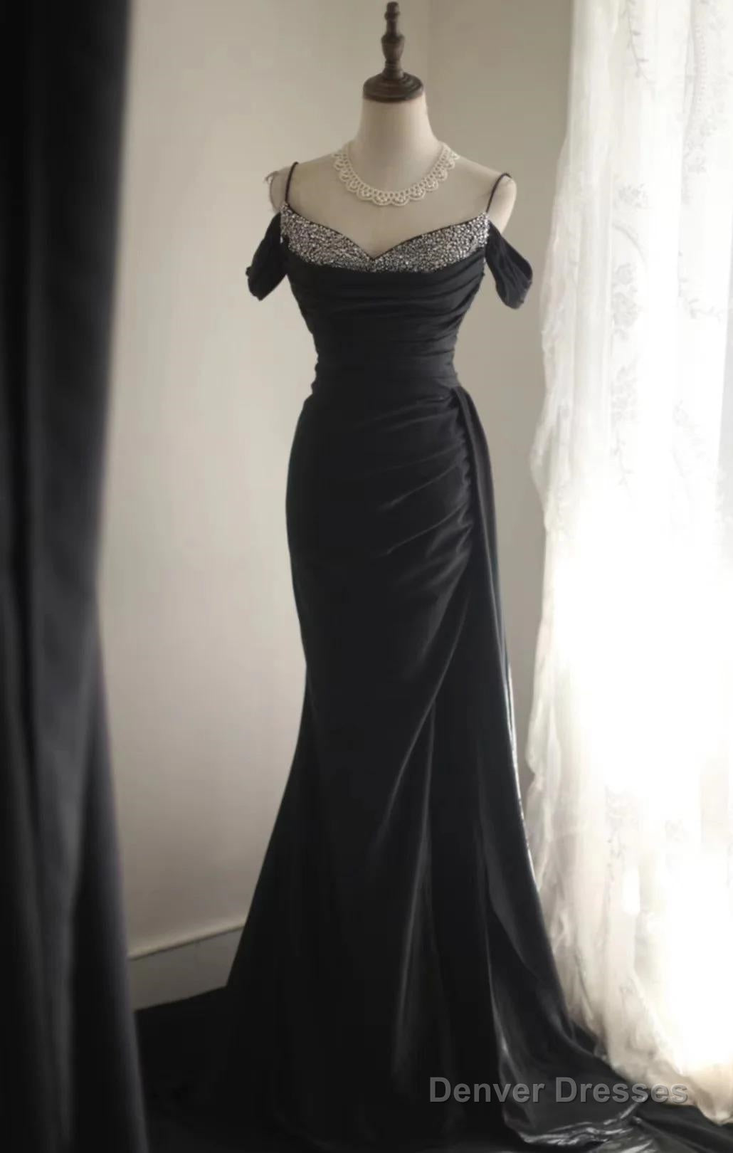 Elegant Black Mermaid Spaghetti Strap Satin Diamond Long Prom Dress Simple Evening Dress