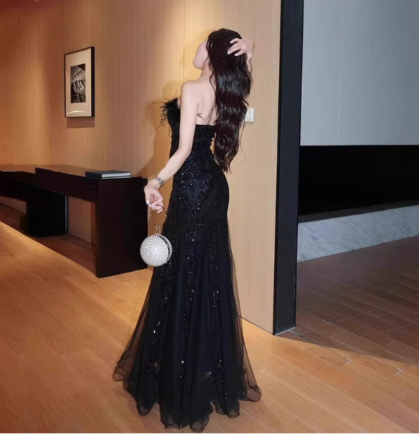 Elegant Black Mermaid Strapless Feather Sequined Tulle Prom Dress Evening Dress Secondary image