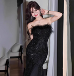 Elegant Black Mermaid Strapless Feather Sequined Tulle Prom Dress Evening Dress