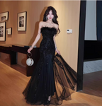 Elegant Black Mermaid Strapless Feather Sequined Tulle Prom Dress Evening Dress