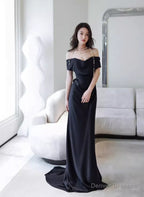 Elegant Black Off Shoulder Long Formal Gown, Black Satin Prom Dress Party Dress