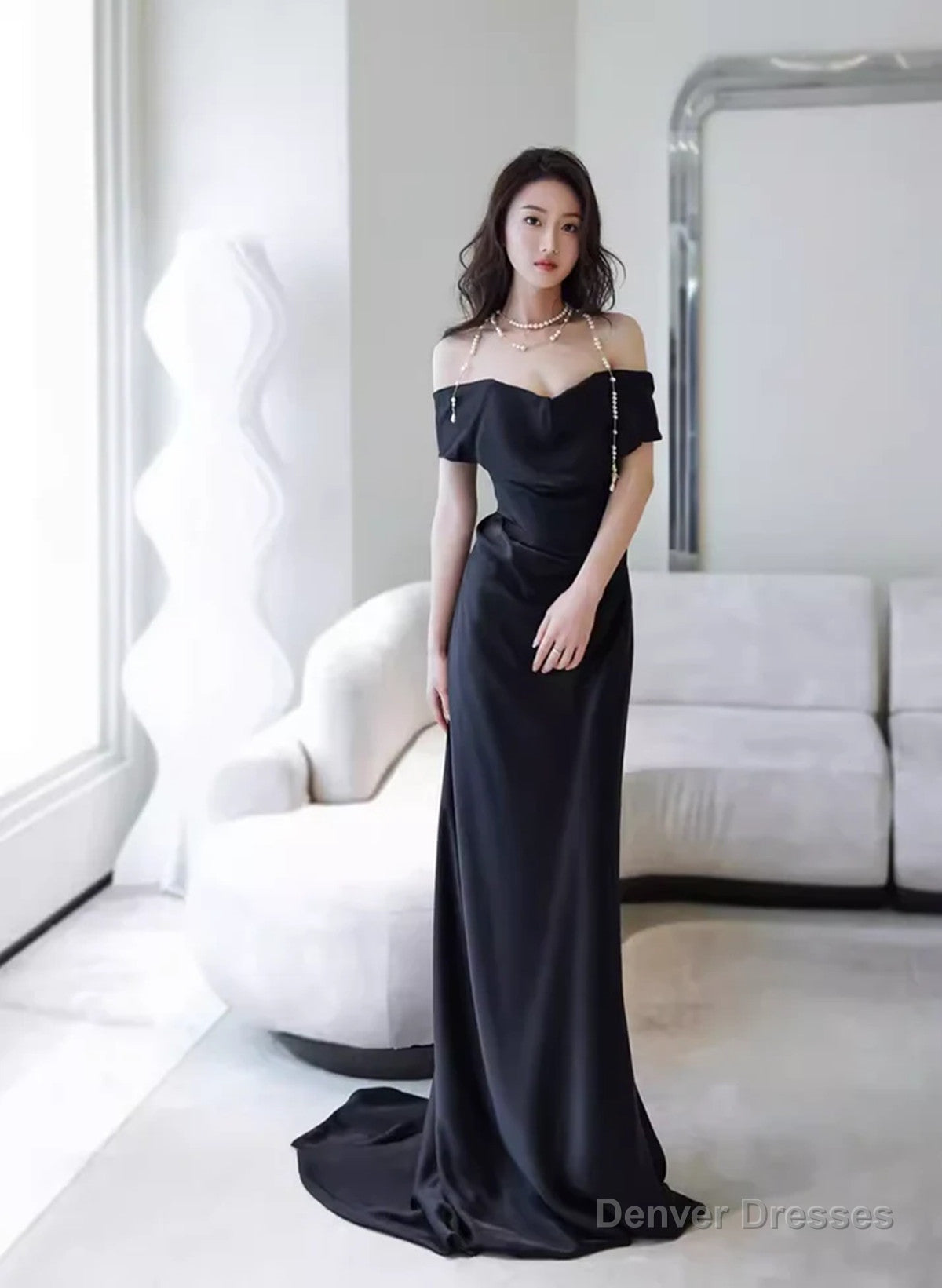 Elegant Black Off Shoulder Long Formal Gown, Black Satin Prom Dress Party Dress