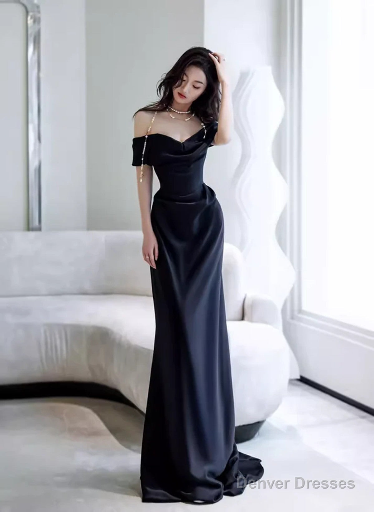 Elegant Black Off Shoulder Long Formal Gown, Black Satin Prom Dress Party Dress Main image
