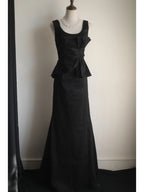 Elegant Black Pleated U-Neck Mermaid Satin Long Prom Dress Evening Dress