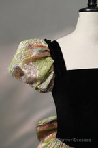 Elegant Black Puffy Short Sleeve Floor Length Prom Dress, A-Line Floral Pattern Evening Dress