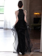 Elegant Black Sequins Halter Evening Dress With Lace Applique, Black Long Prom Dress