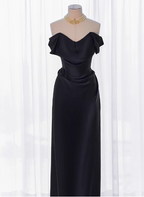 Elegant Black Slim-Fit Off-The-Shoulder Satin Long Prom Dress Evening Dress