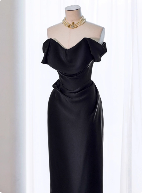 Elegant Black Slim-Fit Off-The-Shoulder Satin Long Prom Dress Evening Dress