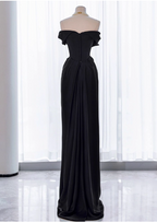 Elegant Black Slim-Fit Off-The-Shoulder Satin Long Prom Dress Evening Dress