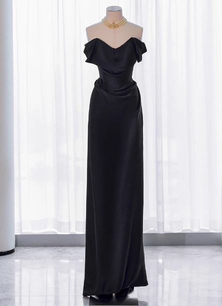 Elegant Black Slim-Fit Off-The-Shoulder Satin Long Prom Dress Evening Dress Main image