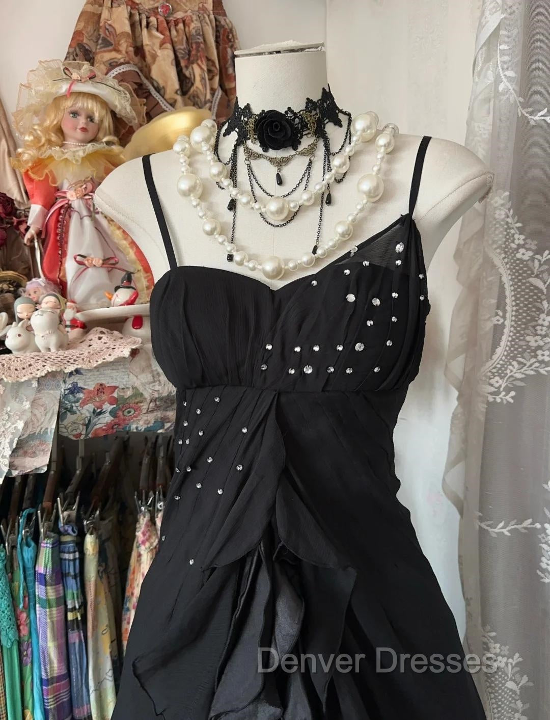 Elegant Black Spaghetti Strap Mermaid Chiffon Prom Dress
