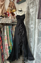 Elegant Black Spaghetti Strap Mermaid Chiffon Prom Dress