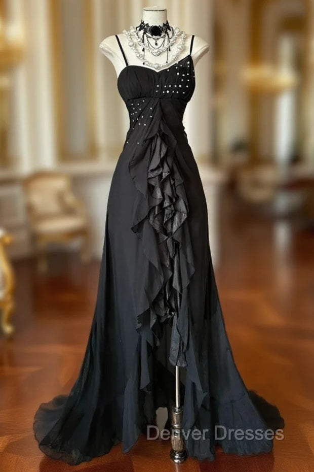 Elegant Black Spaghetti Strap Mermaid Chiffon Prom Dress Main image