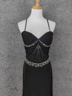 Elegant Black Spaghetti Strap Sequin Beaded Split Chiffon Long Prom Dress Evening Dress