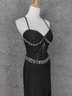 Elegant Black Spaghetti Strap Sequin Beaded Split Chiffon Long Prom Dress Evening Dress