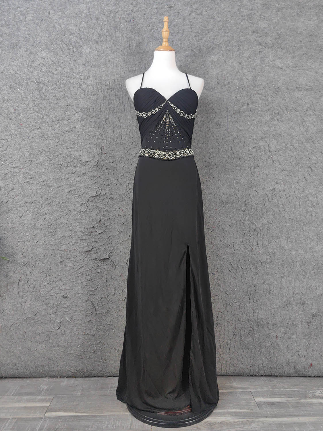 Elegant Black Spaghetti Strap Sequin Beaded Split Chiffon Long Prom Dress Evening Dress