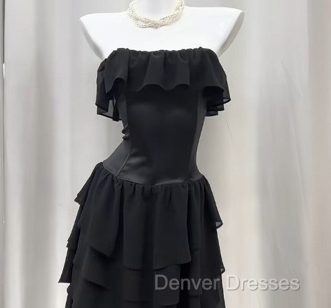 Elegant Black Strapless A-Line Layered Chiffon Long Prom Dress Graduation Prom Dress