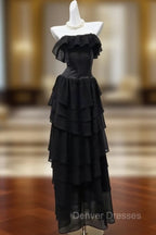 Elegant Black Strapless A-Line Layered Chiffon Long Prom Dress Graduation Prom Dress