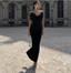 Elegant Black Strapless Feather Satin Bodycon Long Prom Dress Evening Dress
