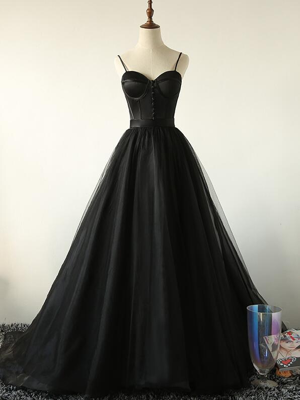 Elegant Black Straps Tulle Sweetheart Prom Dress, Black Party Dress Main image