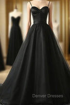 Elegant Black Straps Tulle Sweetheart Prom Dress, Black Party Dress